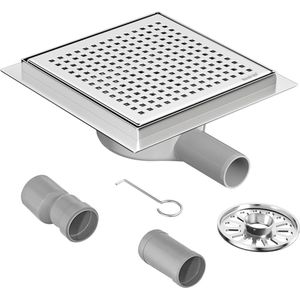 Afvoer, douche, 360 graden, sifon, roestvrij staal, douchegoot, 20 x 20 cm, met geursluiting, haarzeef en 2 blauwe adapters, afvoergoot, doucheafvoer