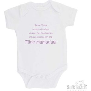 100% katoenen Romper ""Relax Mama Vergeet de afwas Vergeet het huishouden Morgen is weer een dag FIJNE MAMADAG!"" Moederdag Meisjes Katoen Wit/lila Maat 62/68