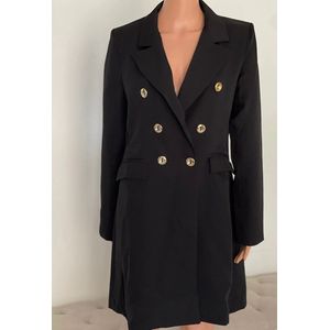 Blazer dames- casual & chick- getailleerde blazer- blazer met knopen- zwarte dames blazer- zwarte colbert- zwart-herfst- trendy- Luxe blazer - dames -midi -maat S- herfst- classy- jas-Dames Blazerjurk–dubbelzijdig- elegant–goudkleurige knopen