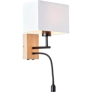 BRILLIANT lamp, Rayan LED wandlamp met leesarm eiken geolied/wit, 1x A60, E27, 25W geschikt voor normale lampen, hout uit duurzame bosbouw (FSC)