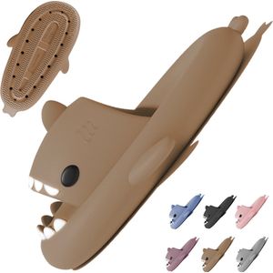 Geweo Shark Slides - Haai Slippers - Badslippers - Pantoffels Heren Dames - Douchepantoffels - Haaienpantoffels - Zomer Antislip Platform Kussen Glijbanen Slippers - Bruin - Maat 3940