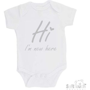 100% katoenen Romper ""Hi I'm new here"" Met Een Hartje Unisex Katoen Wit/zilver Shiny Maat 56/62