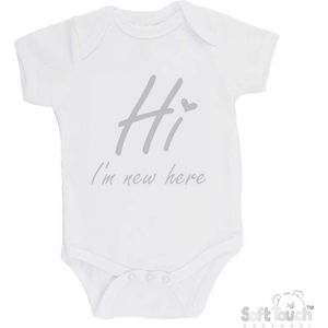 100% katoenen Romper ""Hi I'm new here"" Met Een Hartje Unisex Katoen Wit/zilver Shiny Maat 62/68