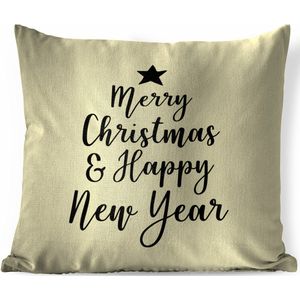 Sierkussens - Kussen - Kerst quote Merry Christmas & Happy New Year op een gele achtergrond - 45x45 cm - Kussen van katoen