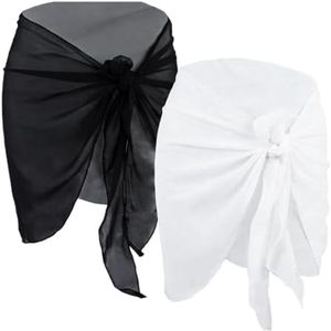 Set van 2 Dames Beach Wrap Sarong Long - Grote Strandhanddoek Met Franjes - Elegante En Veelzijdige Sarong Voor Strand, Zwembad En Vakantie - Lichtgewicht Chiffon - Zwart