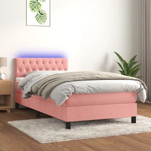 The Living Store Bed - Roze fluwelen boxspring - 90 x 200 cm - Met verstelbaar hoofdbord en LED