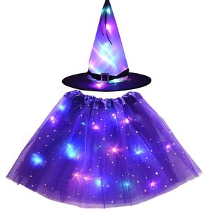 Halloween Kostuum Meisjes Met LED Lichtjes - Lichtgevend Rokje en Heksenhoed - Paars