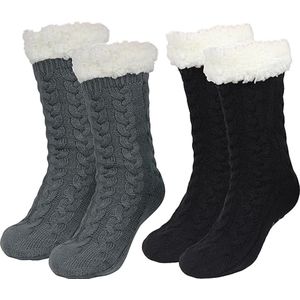 Antislip pantoffels voor dames - Dikke, zachte antislipsokken voor de winter - Warm en gezellig kerstcadeau - 2 paar - Warme pantoffels voor dames - Zwart, grijs