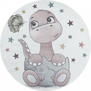 Vrolijk kinderkamer vloerkleed Funny - Dino - roze - rond - O 160 cm