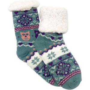Merino Wollen sokken - Groen met Uiltjes - maat 35/38 - Huissokken - Antislip sokken - Warme sokken – Winter sokken