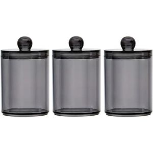 Provento - Qtip houder met deksel voor wattenstaafjes - Transparant - Acryl - Cosmetische pads - Zwart - 3 stuks