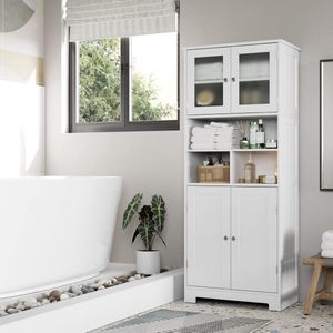 HOCSOK Badkamerkast, badkast met open vak en 4 deuren, keukenkast van hout met verstelbare plank, wit, 147,5 x 60 x 30 cm