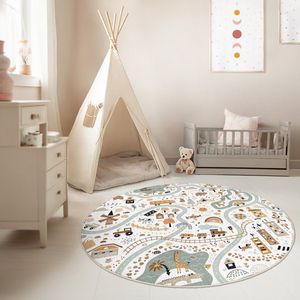 Kinderkamer Vloerkleed Rond Tapijt|Educatieve kindertapijten|Antislip Kindervloerkleed|Kinderen Tapijt Decor|Speelkleed|Kleurrijk kindervloerkleed|Stadshorizon