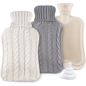 Premium lekvrije warmwaterzak - 2 liter met gebreide hoezen - afneembare en wasbare hoes - warmwaterkruik voor pijnverlichting - wit - grijs