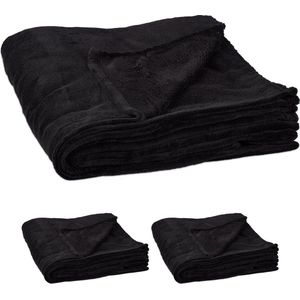 Relaxdays 3 x fleece deken groot - plaid – woondeken - grand foulard - 150x200 cm – zwart