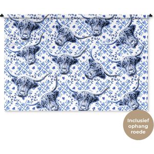 Wandkleed - Wanddoek - Schotse hooglander - Delfts blauw - Patroon - 180x120 cm - Wandtapijt