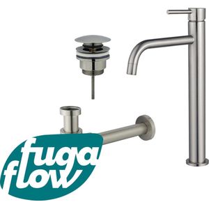 FugaFlow Eccelente Sobrado Badkamer Slim Wastafelkraanset - verhoogde wastafelkraan - klikwaste plug - verlaagde design sifon - PVD Geborsteld RVS
