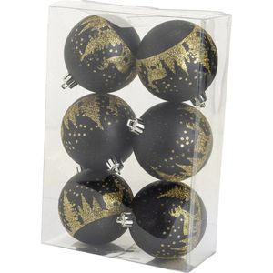 Cosy & Trendy Kerst - Kerstballen zwart met gouden glitter 6 stuks - Kunststof - o8cm