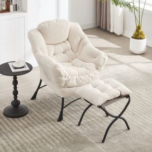 Lazy Chair met voetenbank, moderne lounge-accentstoel met armleuningen en een zijvak, gestoffeerde fauteuil voor vrije tijd, leesstoel met voetensteun voor kleine ruimtes, hoekstoel - wit