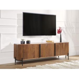 Tv-meubel met 3 deurtjes van mangohout en metaal - Naturel en zwart - BALIMELA L 159 cm x H 50 cm x D 41.6 cm
