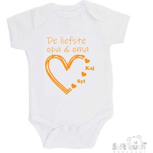 100% katoenen Romper ""De liefste opa & oma met de namen van 2 kleinkinderen"" Unisex Katoen Wit/mosterd Maat 56/62