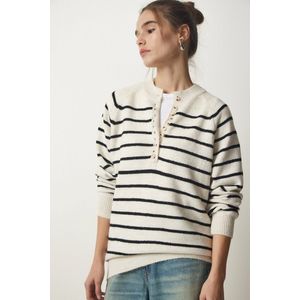 Happinessistanbul Donkergroene Ecru Gebreide Damessweater Met Button-Down Kraag Lx00040