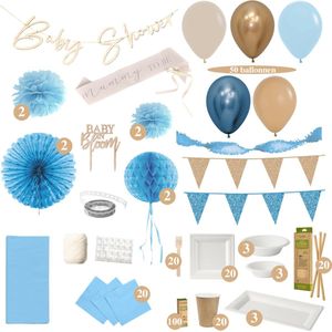 Baby Shower Pakket - Feest Versiering - Babyshower - Jongen - Ballonnen - Slingers - Goud - Blauw - Hangdecoratie - Ballonnenboog - Uitgebreide Set - Tafelbenodigdheden
