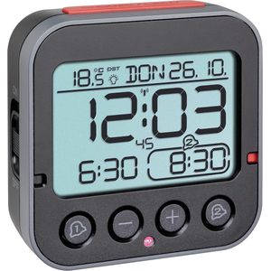 Radiogestuurde wekker met automatische nachtverlichting en temperatuurweergave, zwart