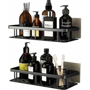 2 stuks zwart - aluminium douche zonder boor - roestbestendige badkameropslag - zelfklevende badkamerplank