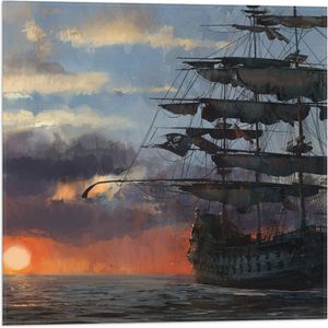 WallClassics - Vlag - Groot Piratenschip op Zee met Zon - 50x50 cm Foto op Polyester Vlag