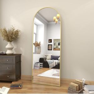 Boog full-body spiegel, 44 x 147 cm, gebogen staande spiegel, groot in volledige lengte, aan de muur gemonteerd, leunend, vloerspiegel, volledig lichaam als aankleedspiegel voor woonkamer, goud