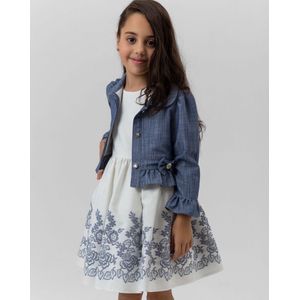 luxe feestjurk met blauwe jas-galajurk-vintage jurk-borduursel onderkant-bruiloft-communie-fotoshoot-wit blauw-katoen-9 jaar maat 134