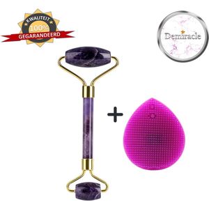Demiracle Amethist Face Roller met Paarse Siliconen Gezichtsborstel - Cadeau - Gezichtsroller - Massage Roller - Jade Roller - Rimpelverwijdering - Ontspanning - Kwaliteit