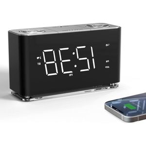 Mrs. Jones Wekkerradio Digitale FM-radio Niet tikkend dubbel alarm met snooze Opladen via USB Nachtlampje Dimmerbediening Slaap-naar-radiotimer Extra ingang Back-upbatterij .