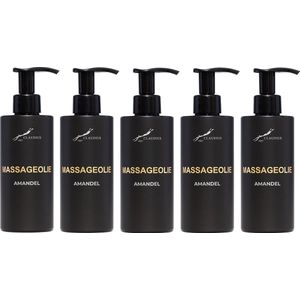 Massageolie Amandelolie 300 ml - met pomp - zwarte fles - 100% natuurlijk - biologisch en koud geperst - set van 5 stuks - Voordeelverpakking