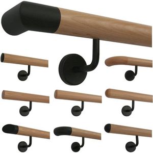 Beuken trapleuning met zwarte houders en eindstukken - lengte 90 cm