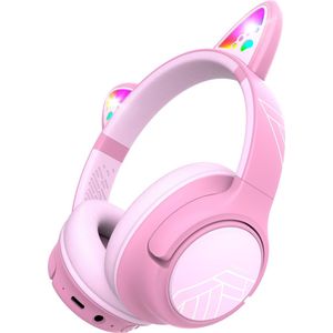 PowerLocus Bobo - Draadloze Koptelefoon voor Kinderen - Bluetooth koptelefoon - 74/85/94dB Volumebegrenzing - Katten Oortjes - Led Verlichting - Roze