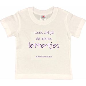 Shirt Aankondiging zwangerschap ""Lees altijd de kleine lettertjes (ik word grote zus)"" | korte mouw | Wit/paars | maat 86/92 zwangerschap aankondiging bekendmaking Baby big bro Sis Sister