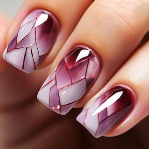 24 Pcs Square Press On Nails - Medium Shiny Full Coverage - False Nails - Wine Red Broken Glass Pattern - Square Glue On Nails