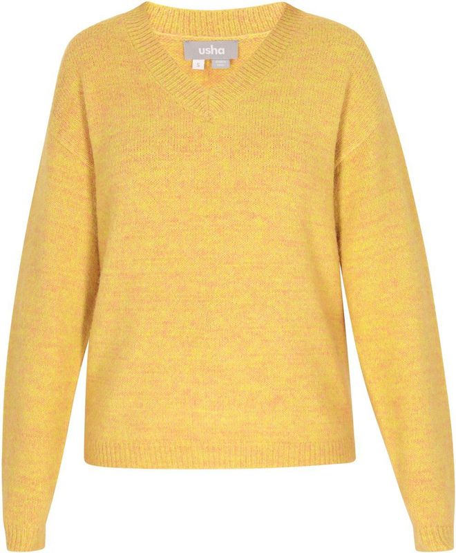 Usha - Trui - Donkergeel - V-hals - Gerecycled Materiaal - Lange Mouw