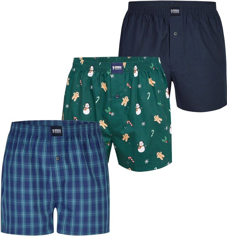 Happy Shorts Wijde Boxershorts Heren Kerst 3-Pack Geruit/Print/Effen - Maat M