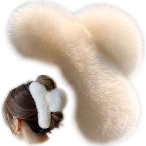 Grote faux fur vrouwelijke haren clip, 5.1 inch winter pluizig haar clip met anti-slip sterke haren grote kin clip geschikt voor dik lang haar (wit)