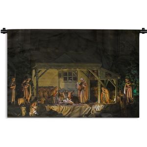 Wandkleed Kerststal - Kerststal in het donker Wandkleed katoen 90x60 cm - Wandtapijt met foto