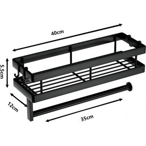 Kruidenrek voor aan de muur, keukenrek, zonder boren, hangend kruidenrek, zwart, met keukenrolhouder en 4 afneembare haken, keukenkruidenrek, lade, kruidenrek, 40 cm, voor keuken, badkamer,