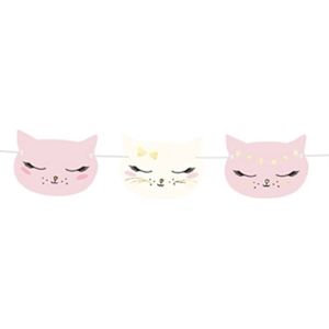 PARTYDECO - Roze en witte kartonnen kat slinger - Decoratie > Slingers en hangdecoraties