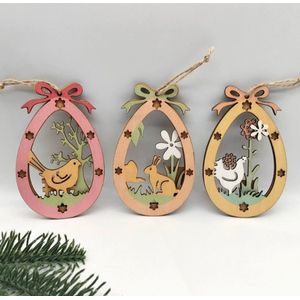 Houten paasdecoratie - Pasen Houten - decoratieve hangers - paasversiering van hout/ophangbaar, creatieve feestdecoratie/houten paashanger/haas/kip/bloem/dubbel hol hangend houten bord