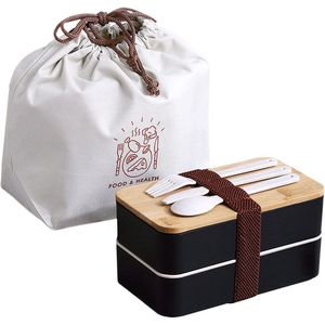 Lunchbox, Bento Box voor het vervoer van maaltijden, design broodtrommel voor school en werk, voor kinderen en volwassenen, 3-delig bestek, lunchtrommel met deksel, 2 vakken, luchtdicht, zwart