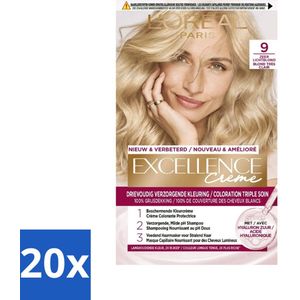 20 x L'Oréal Paris - Excellence Crème - Zeer Lichtblond 9 - Haarverf - Permanente Haarkleuring - Haarverf - Grijsdekking - Permanente Haarkleuring - Zeer Lichtblond - Haarverf Grijsdekking