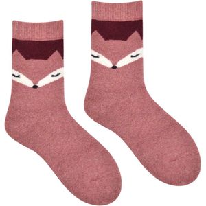 Wol Dames Sokken - Huissokken - Wandelsokken - roze - rood - leuke print vos - 36 - 40 - warm - cadeau voor haar - gift