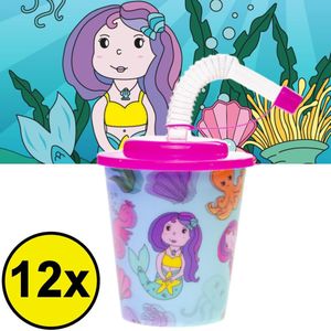 Decopatent® 12 STUKS ZEEMEERMIN 3D Drink Beker met Rietje en Deksel - 250ML - Mermaid Plastic Bekers - Kinderfeestje - Kinderverjaardag Bekertjes - Traktatie - Uitdeelcadeaus